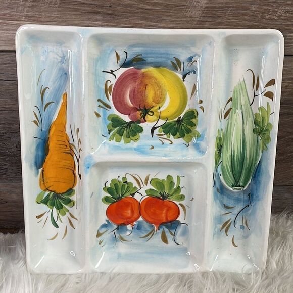 Serving Ceramic Plate , 4 Sections, Vegetable Decor, 11 X 11 - Picture 4 of 8